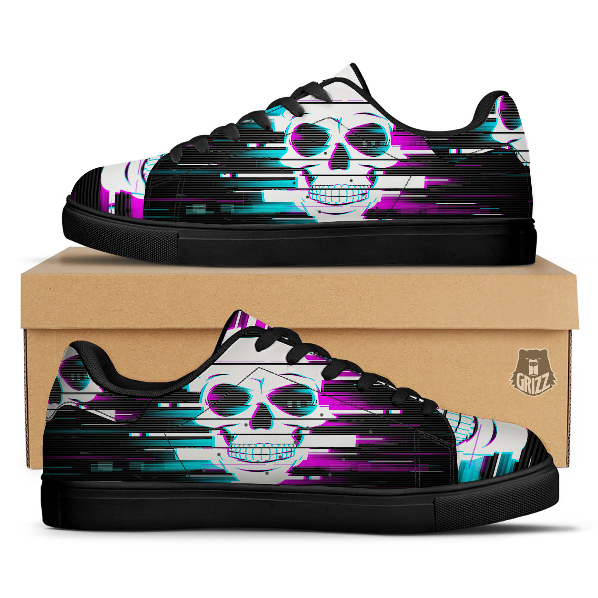 Smiling Skull Glitch Print Black Low Top Sneakers-grizzshop