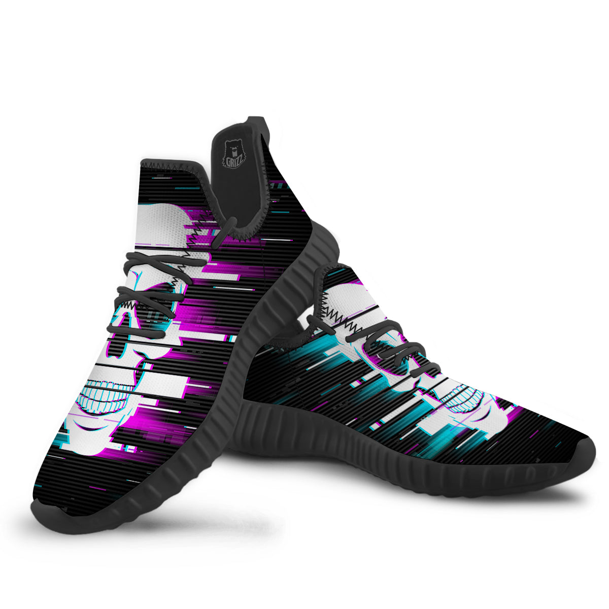 Smiling Skull Glitch Print Black Walking Shoes-grizzshop