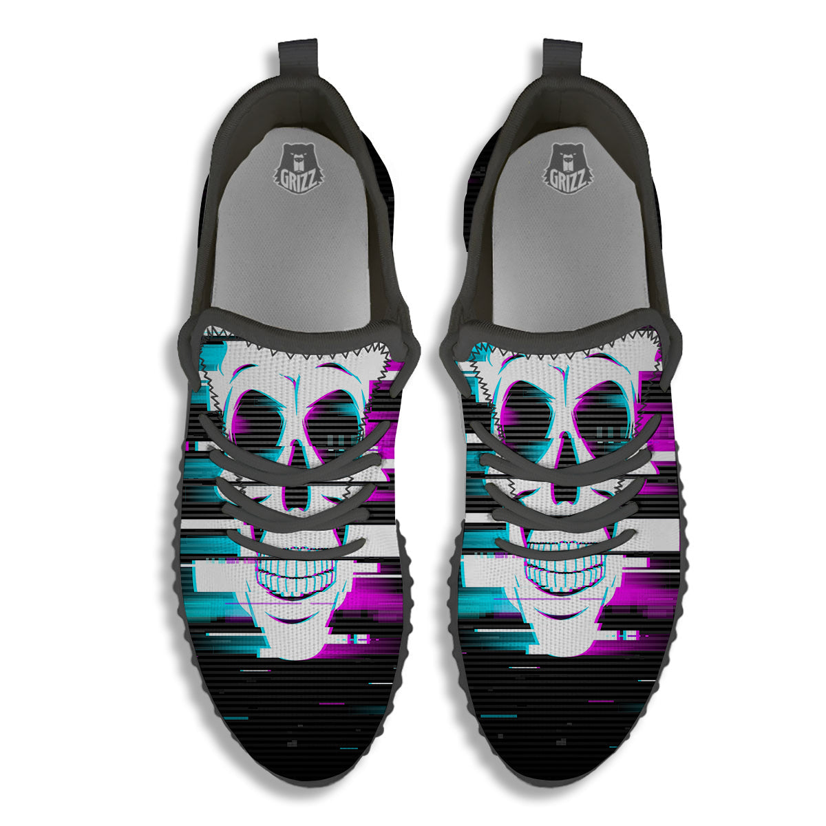 Smiling Skull Glitch Print Black Walking Shoes-grizzshop