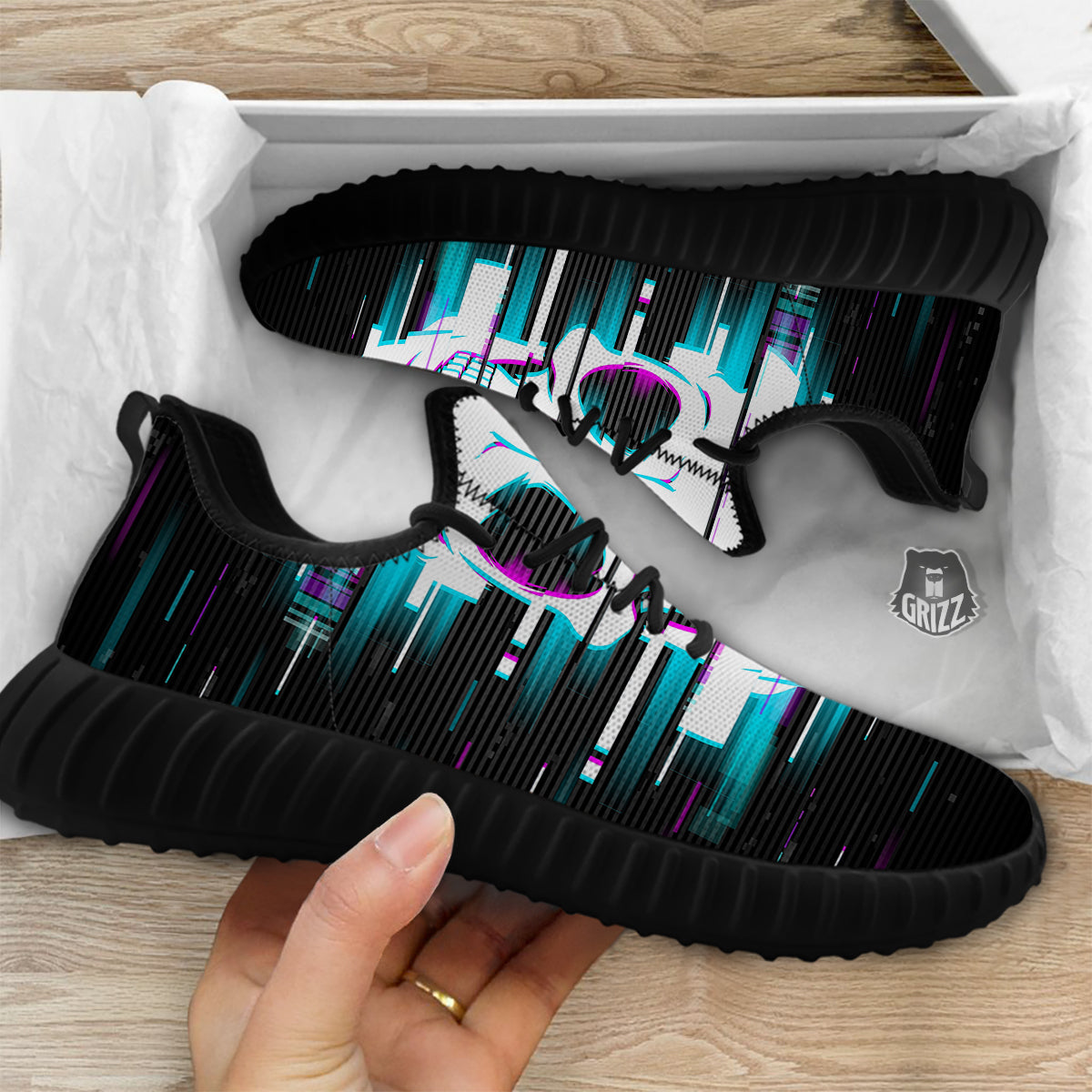 Smiling Skull Glitch Print Black Walking Shoes-grizzshop