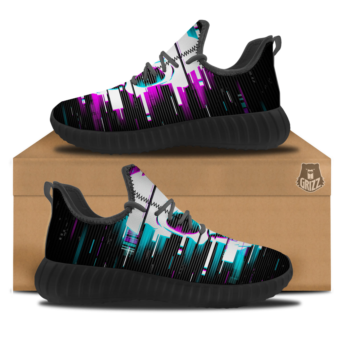 Smiling Skull Glitch Print Black Walking Shoes-grizzshop