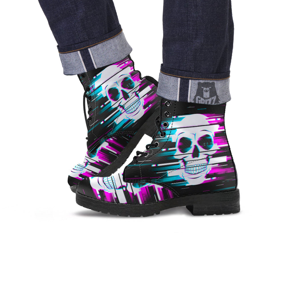 Smiling Skull Glitch Print Leather Boots-grizzshop