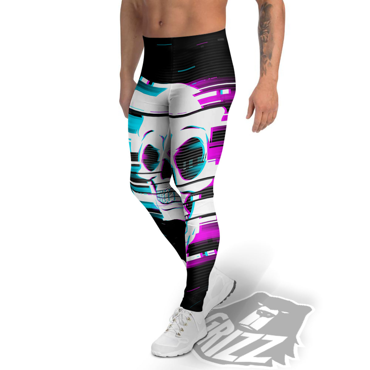 Smiling Skull Glitch Print Men's Leggings-grizzshop