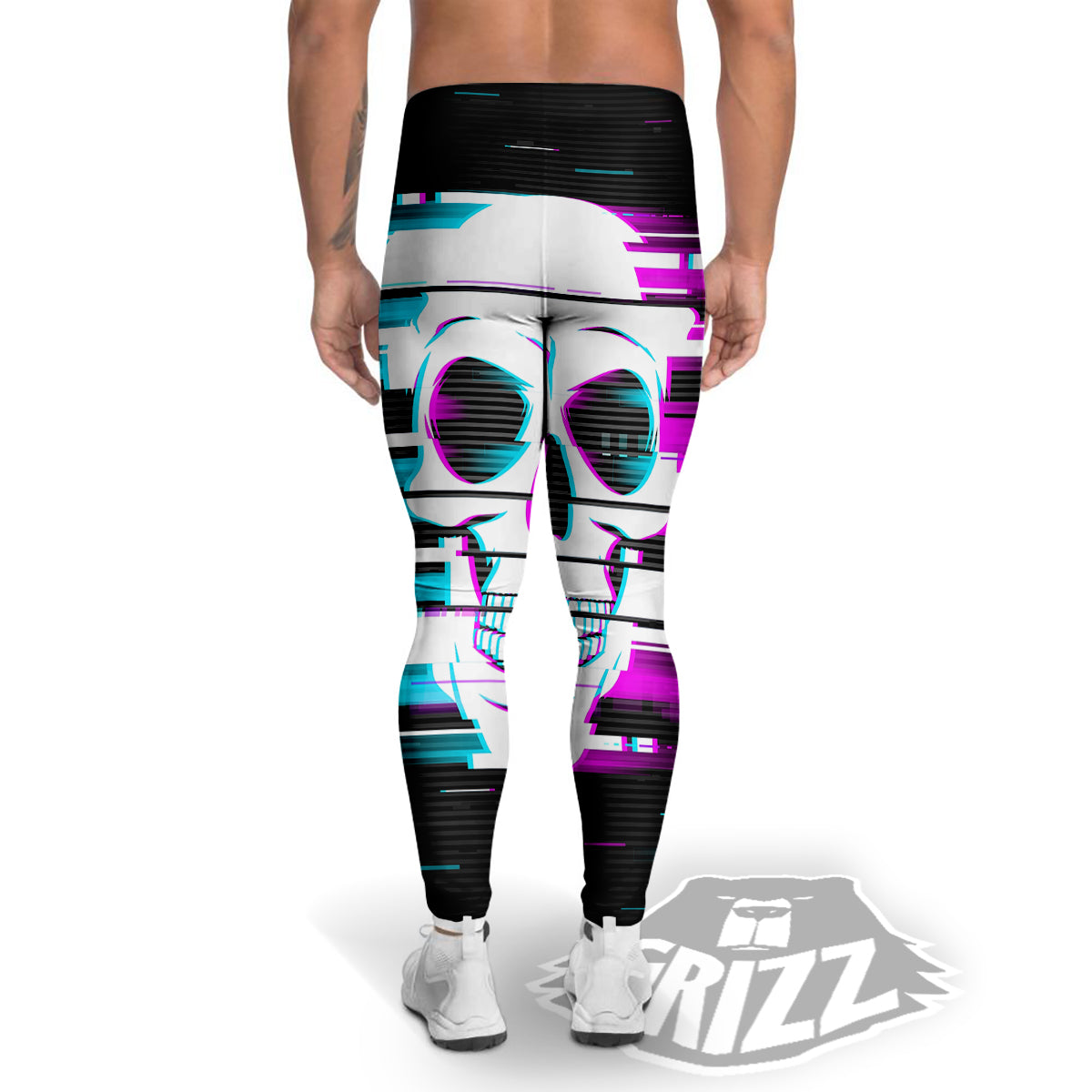 Smiling Skull Glitch Print Men's Leggings-grizzshop