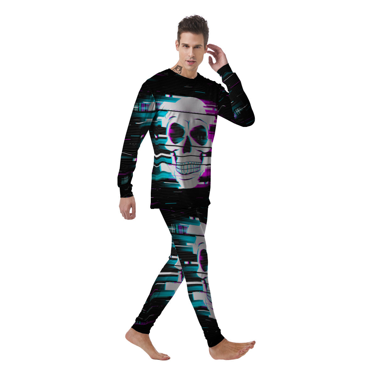 Smiling Skull Glitch Print Men's Pajamas-grizzshop