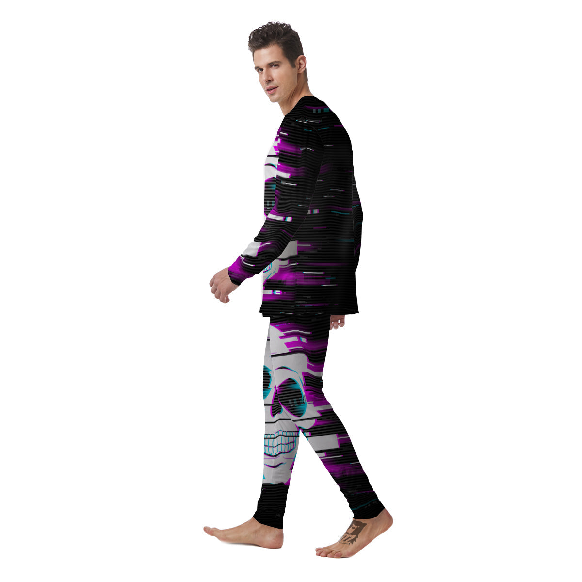 Smiling Skull Glitch Print Men's Pajamas-grizzshop