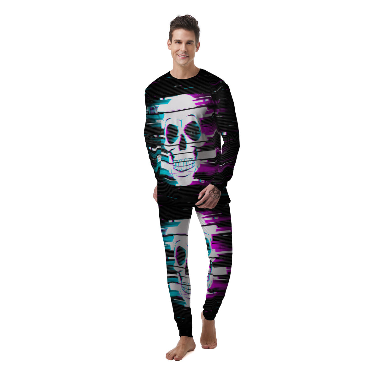 Smiling Skull Glitch Print Men's Pajamas-grizzshop