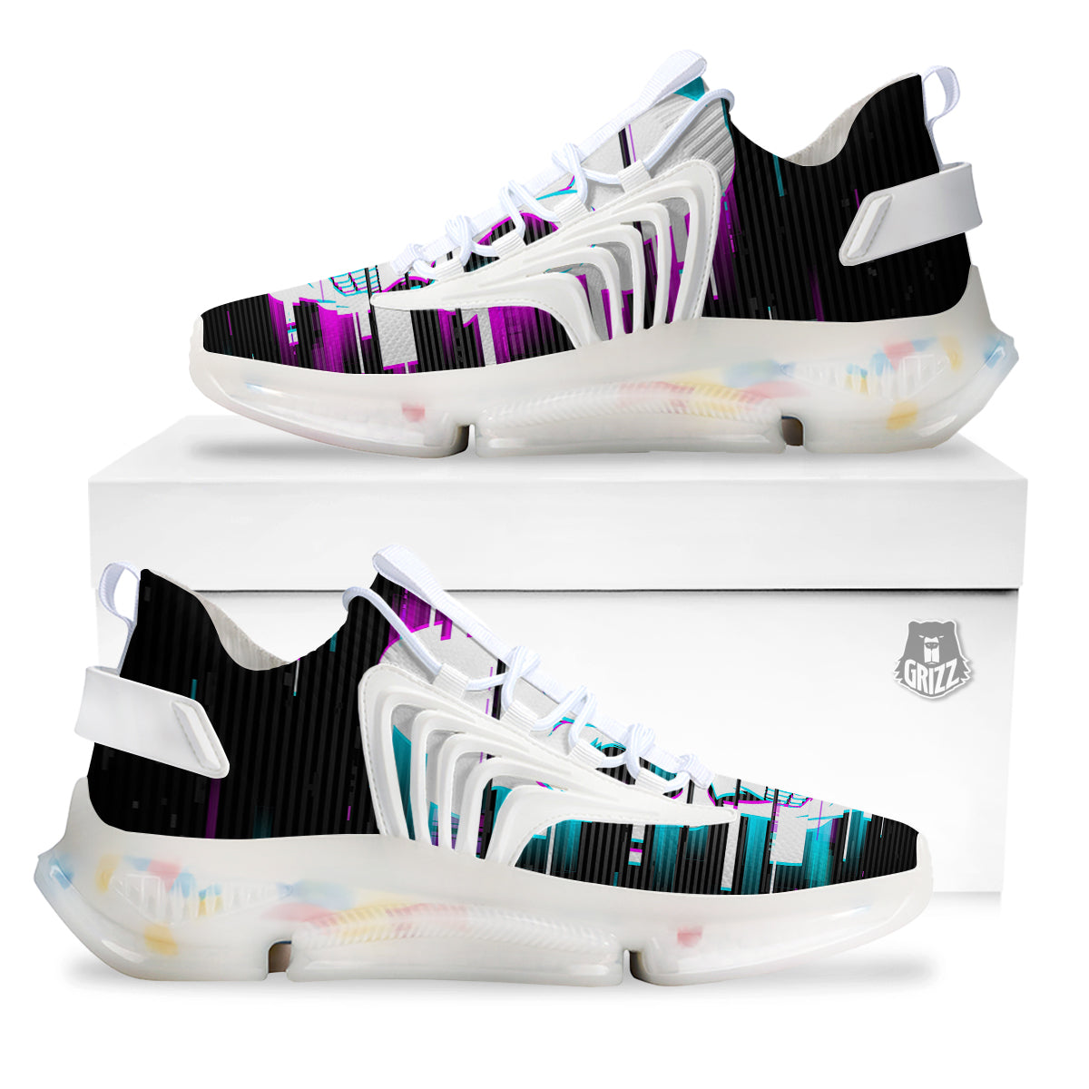 Smiling Skull Glitch Print White Gym Shoes-grizzshop