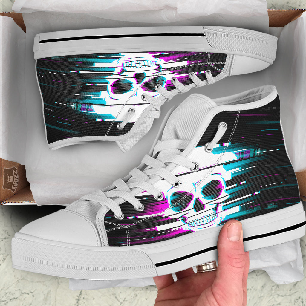 Smiling Skull Glitch Print White High Top Shoes-grizzshop