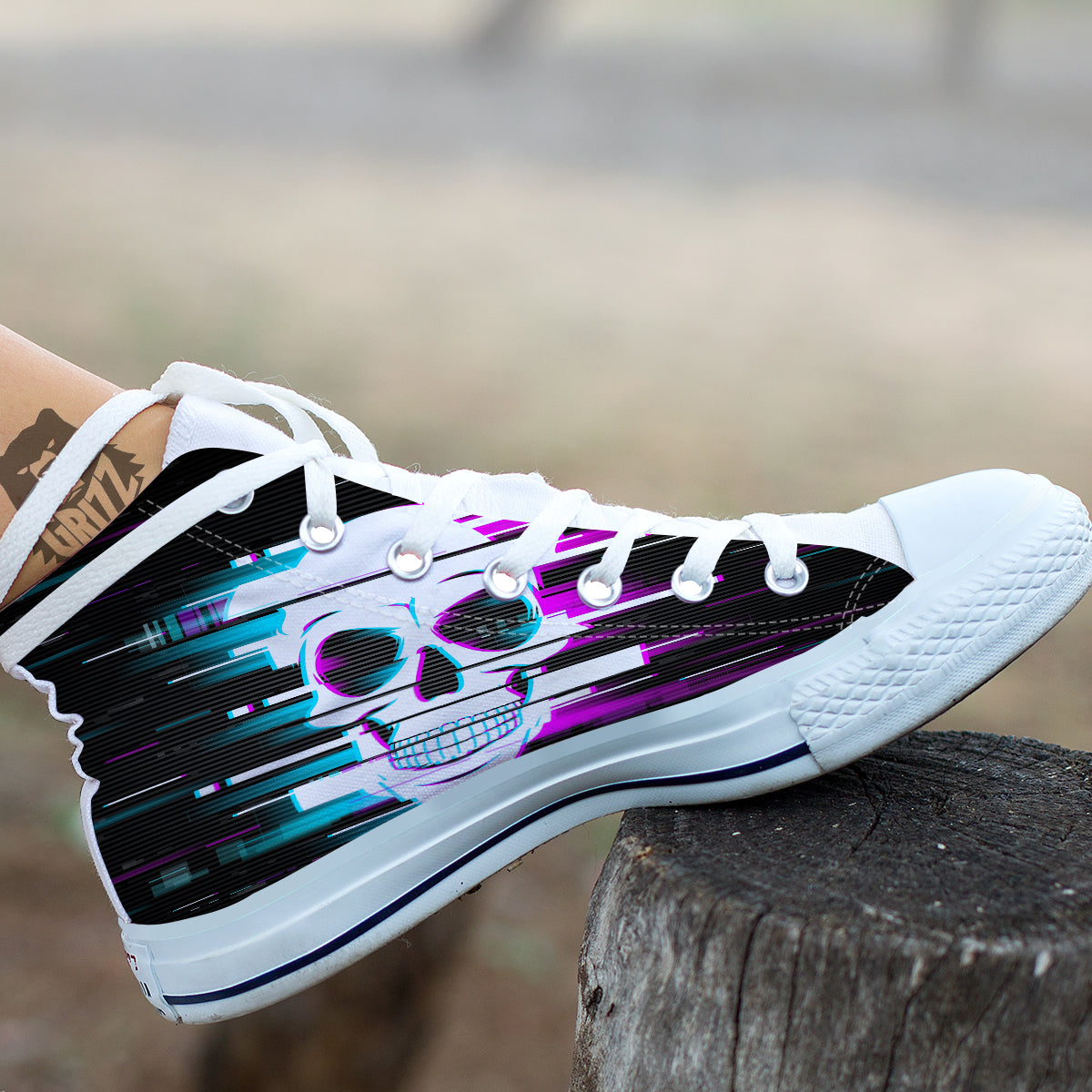 Smiling Skull Glitch Print White High Top Shoes-grizzshop