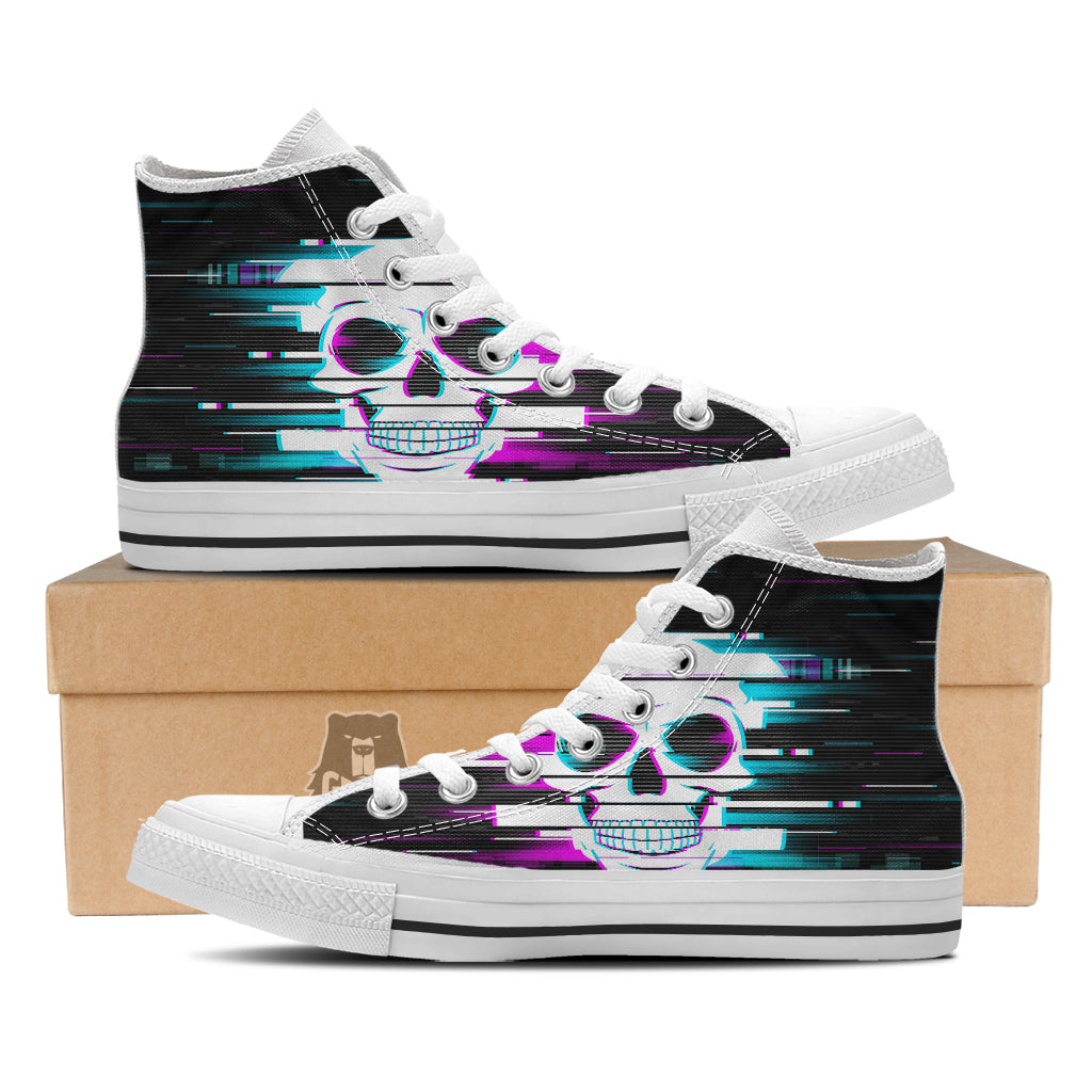 Smiling Skull Glitch Print White High Top Shoes-grizzshop