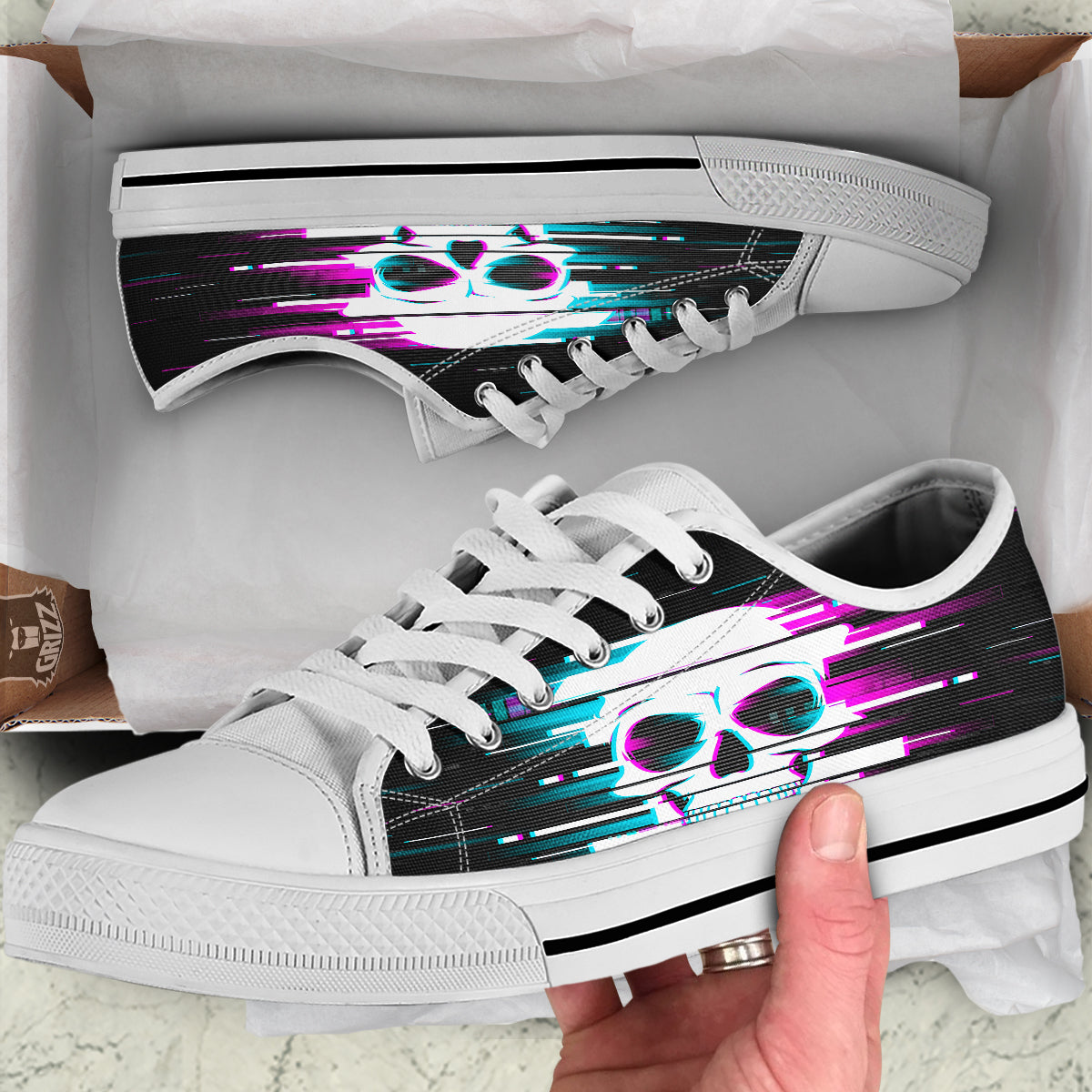 Smiling Skull Glitch Print White Low Top Shoes-grizzshop