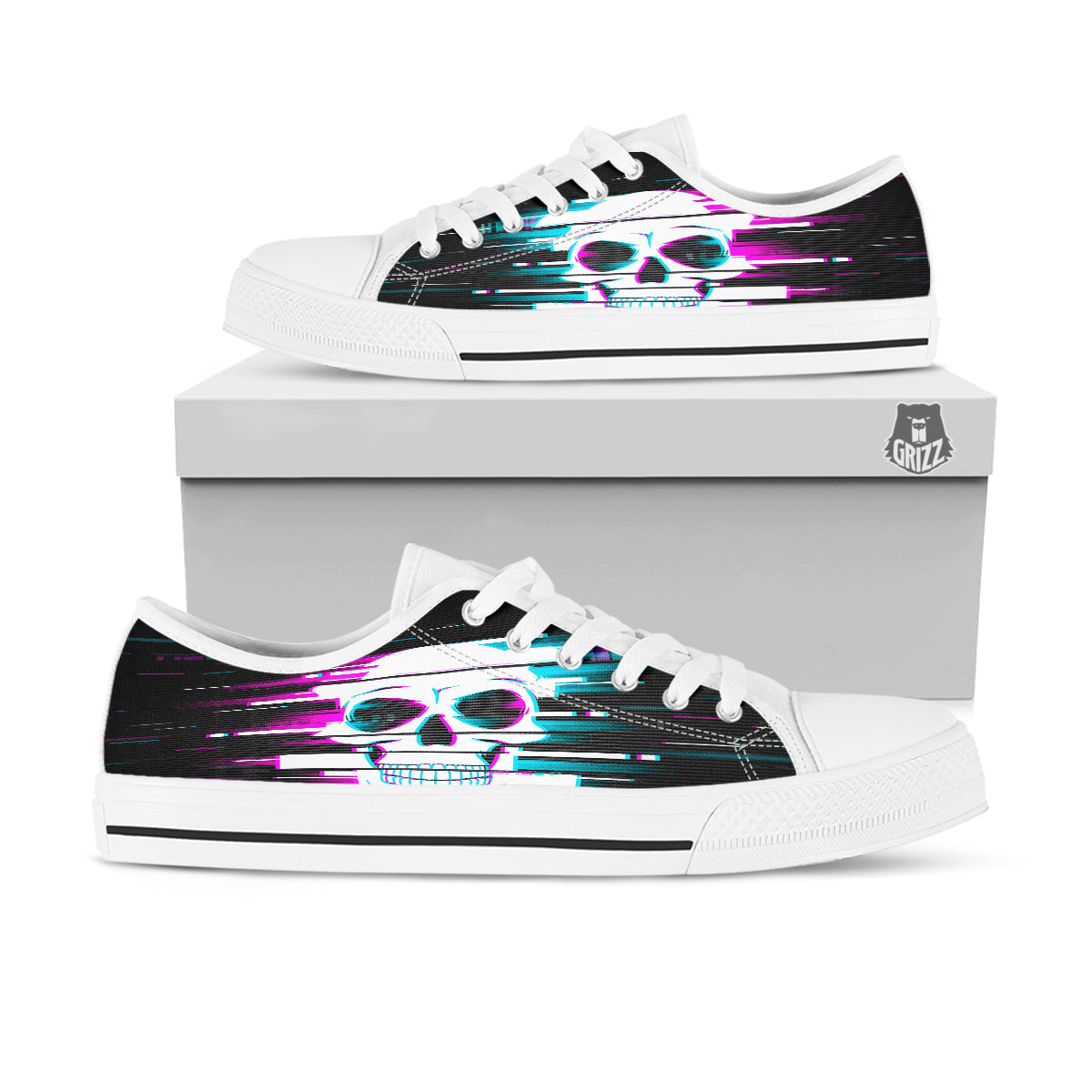 Smiling Skull Glitch Print White Low Top Shoes-grizzshop