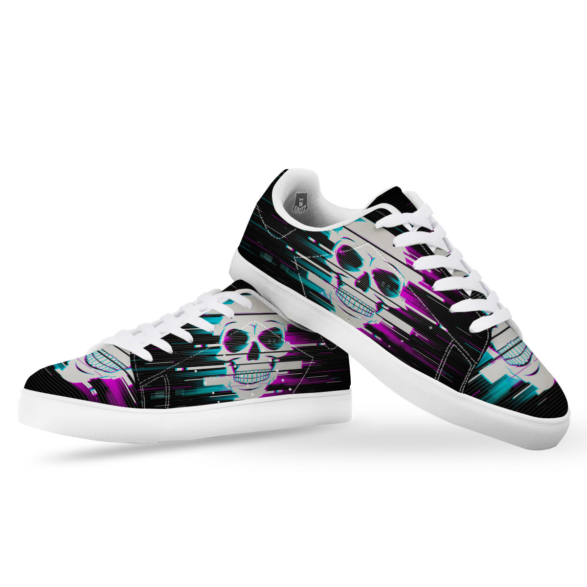 Smiling Skull Glitch Print White Low Top Sneakers-grizzshop