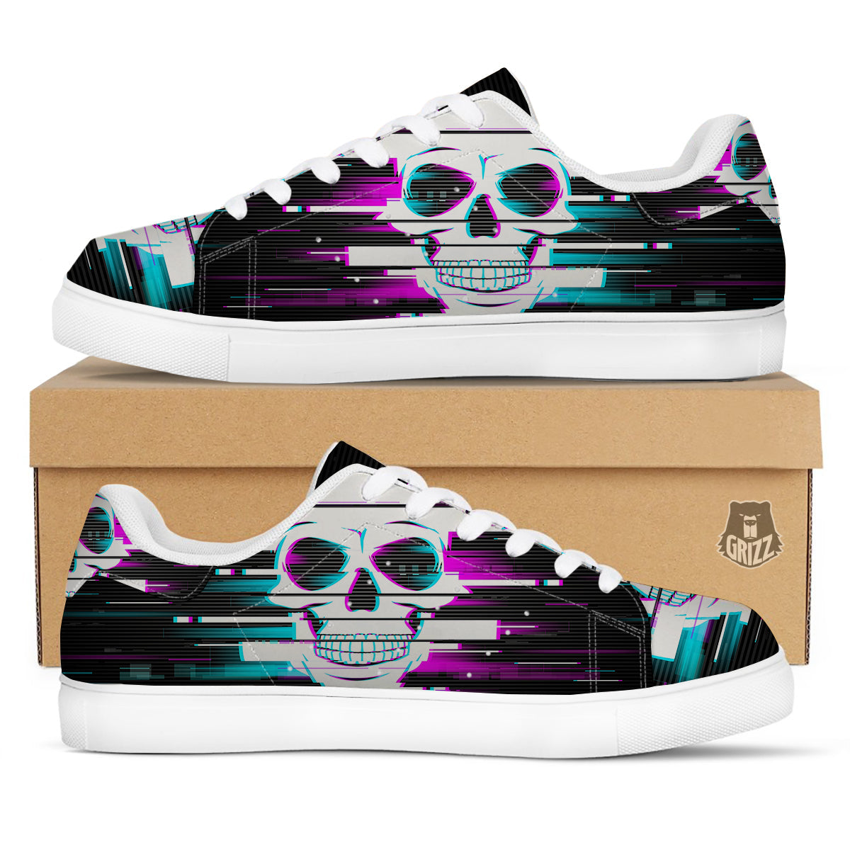 Smiling Skull Glitch Print White Low Top Sneakers-grizzshop