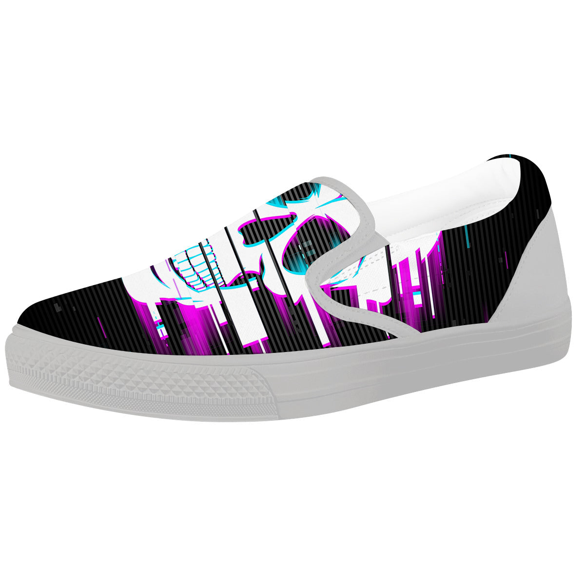 Smiling Skull Glitch Print White Slip On Shoes-grizzshop