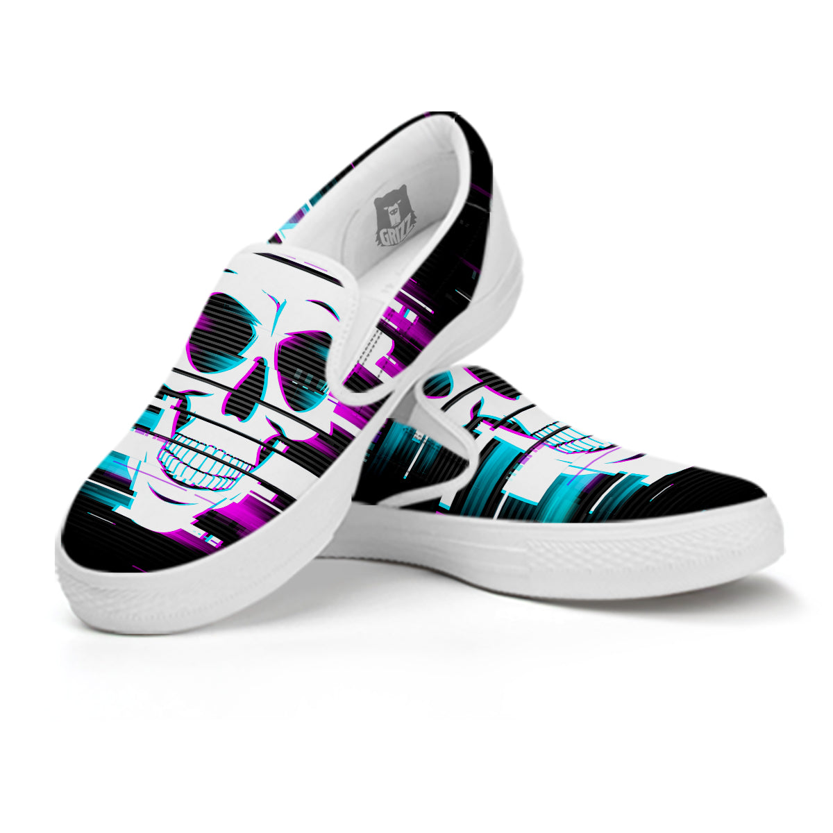 Smiling Skull Glitch Print White Slip On Shoes-grizzshop