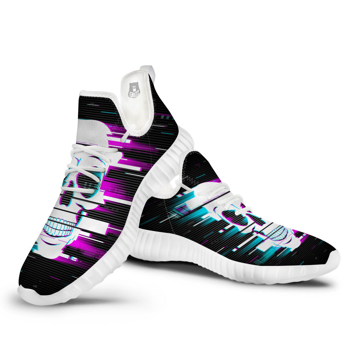 Smiling Skull Glitch Print White Walking Shoes-grizzshop
