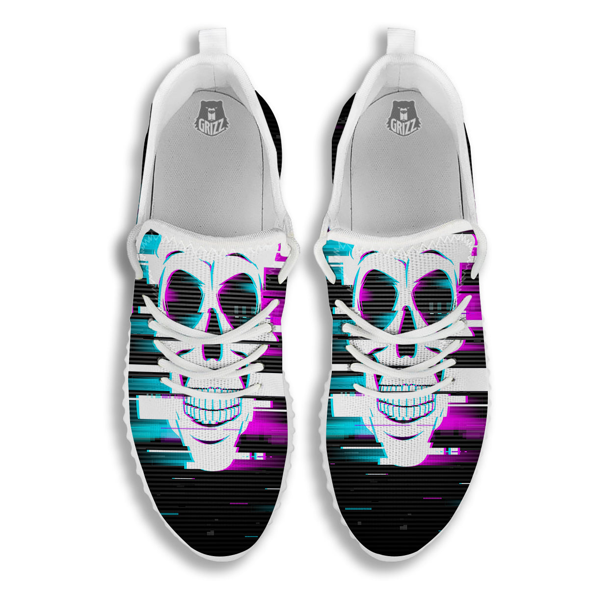 Smiling Skull Glitch Print White Walking Shoes-grizzshop