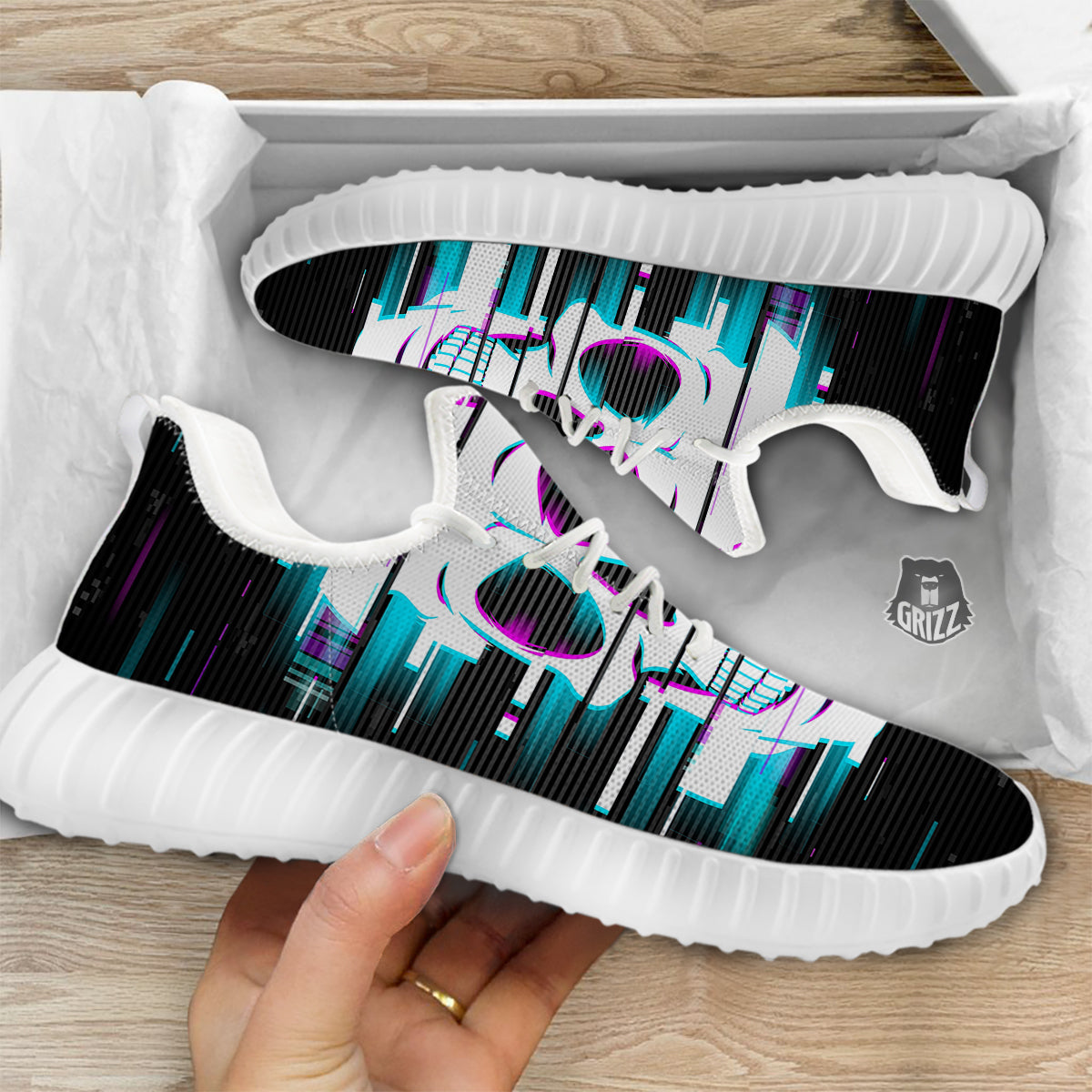 Smiling Skull Glitch Print White Walking Shoes-grizzshop