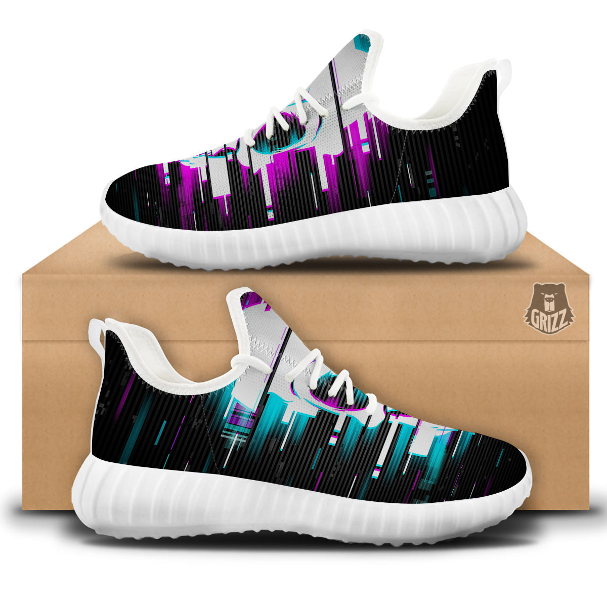 Smiling Skull Glitch Print White Walking Shoes-grizzshop