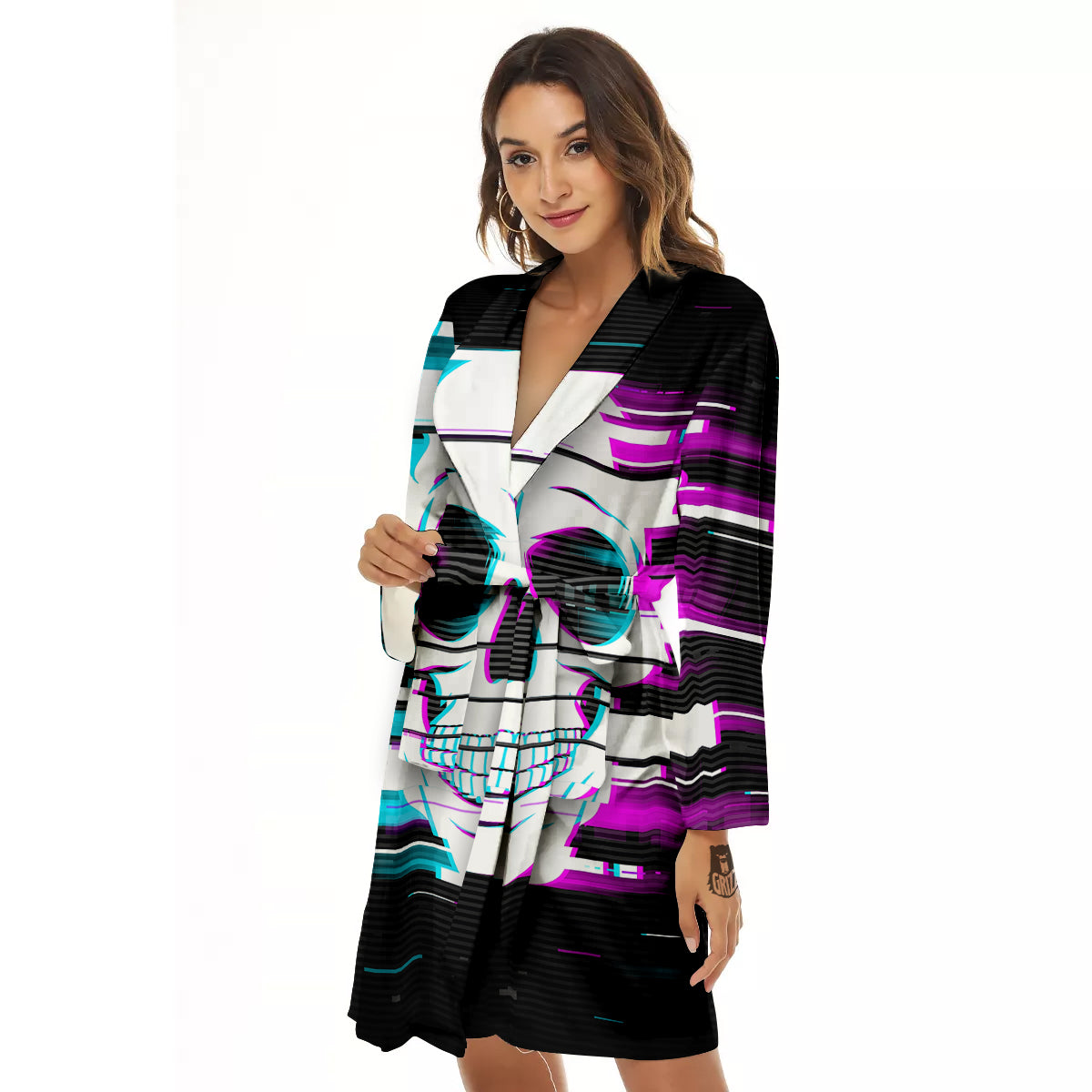 Smiling Skull Glitch Print Women's Robe-grizzshop