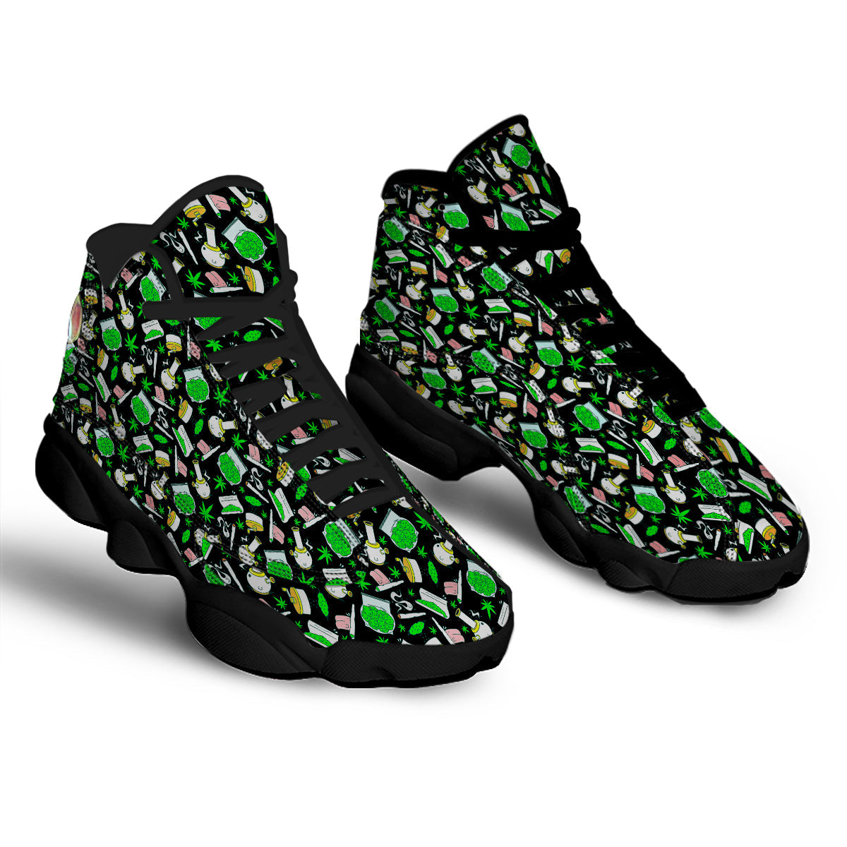 Smoke Weed Green Neon Print Pattern Black Basketball Shoes-grizzshop