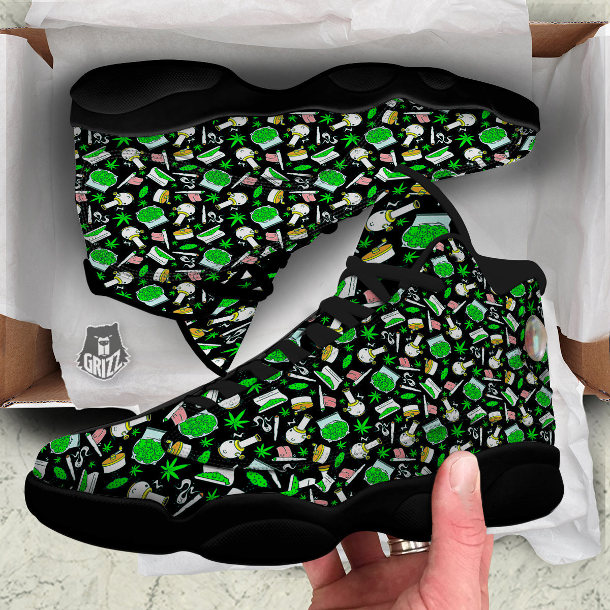 Smoke Weed Green Neon Print Pattern Black Basketball Shoes-grizzshop