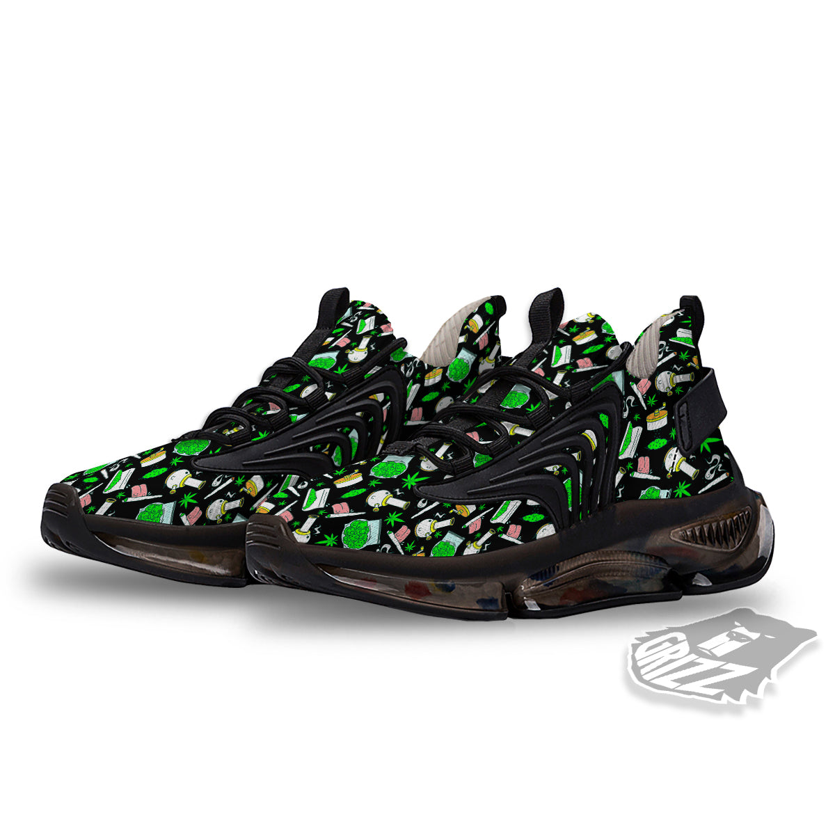 Smoke Weed Green Neon Print Pattern Black Gym Shoes-grizzshop