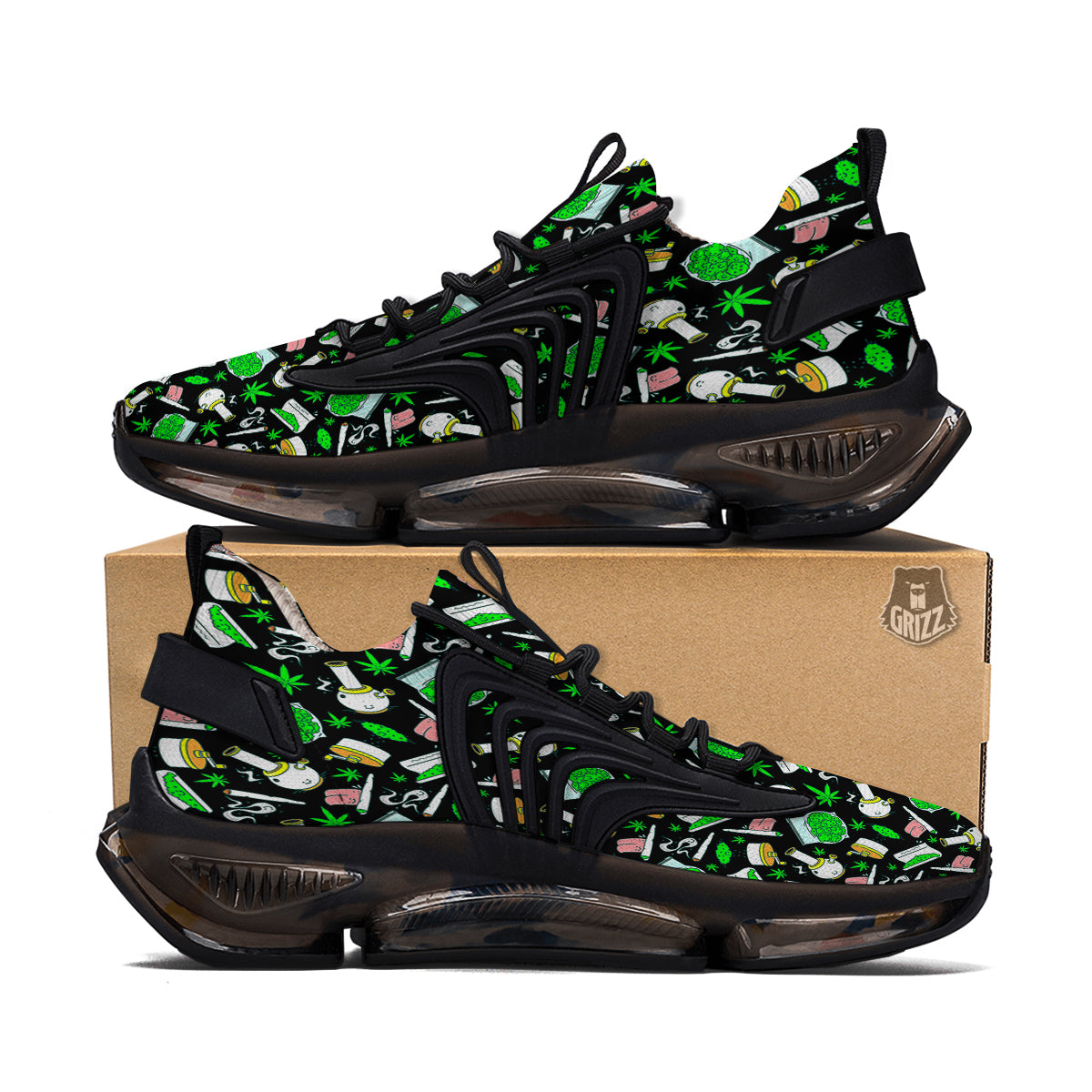 Smoke Weed Green Neon Print Pattern Black Gym Shoes-grizzshop