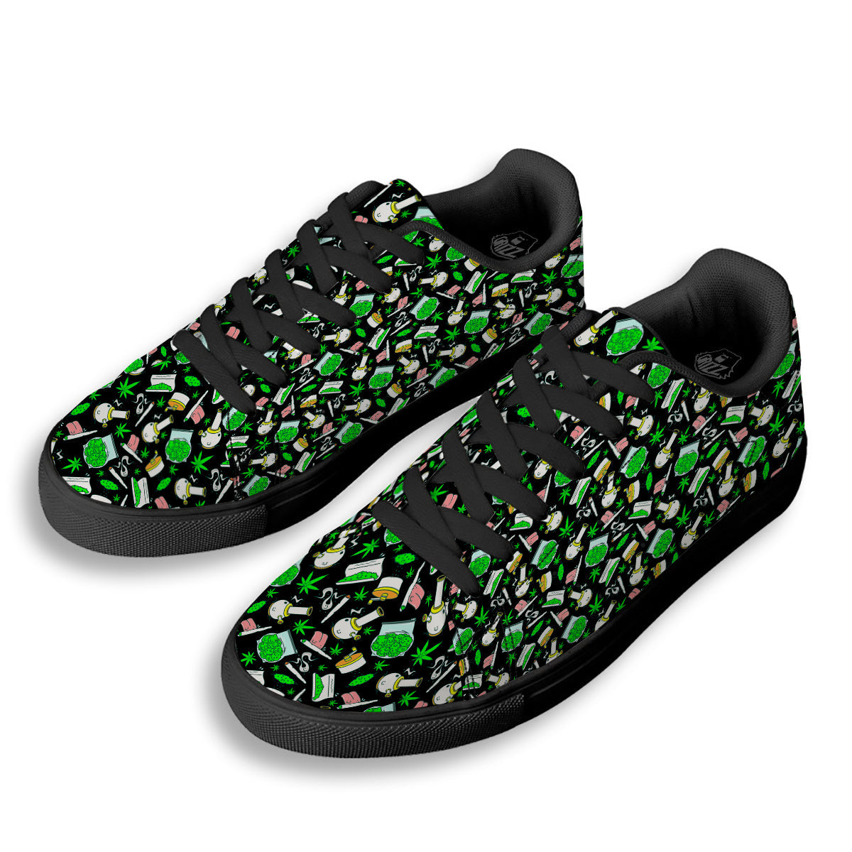Smoke Weed Green Neon Print Pattern Black Low Top Sneakers-grizzshop