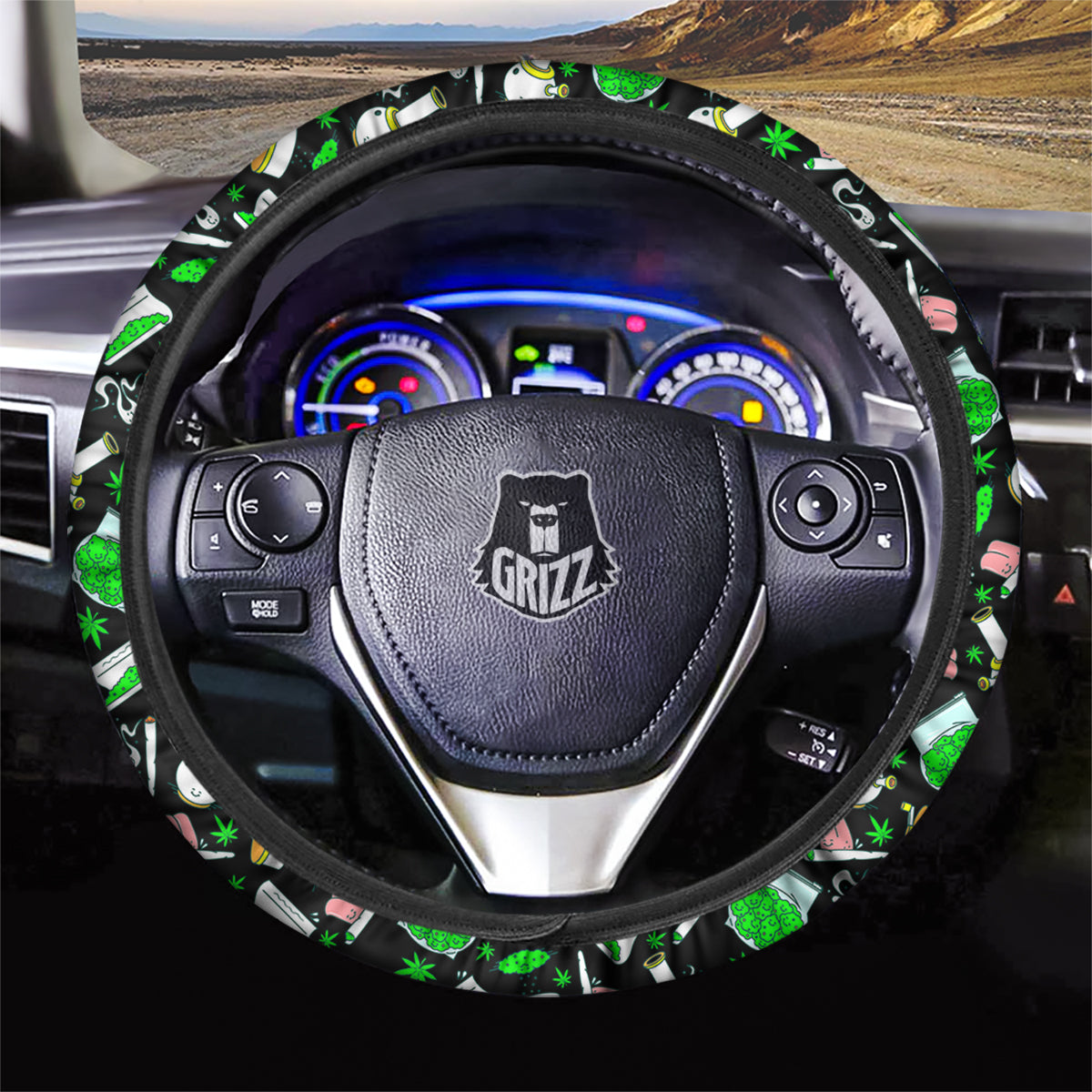 Smoke Weed Green Neon Print Pattern Car Steering Wheel Cover-grizzshop