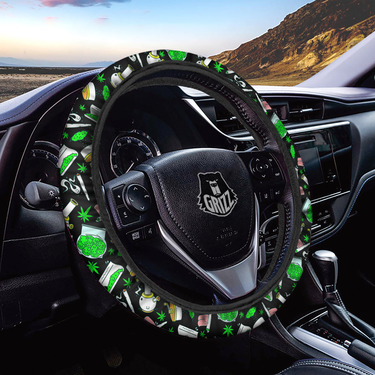 Smoke Weed Green Neon Print Pattern Car Steering Wheel Cover-grizzshop