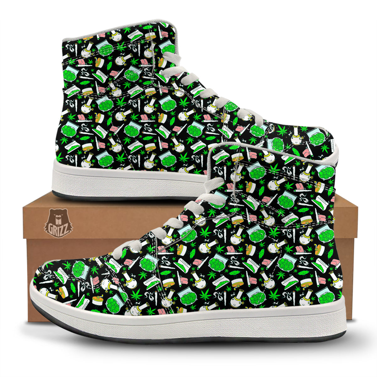 Smoke Weed Green Neon Print Pattern High Top Sneakers-grizzshop
