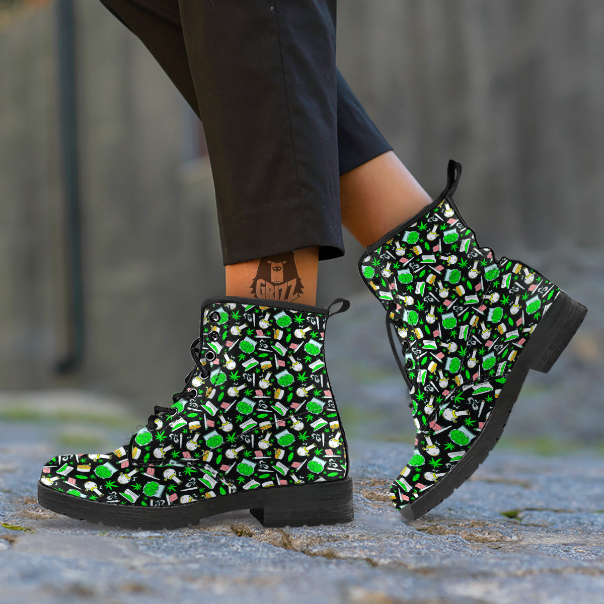 Smoke Weed Green Neon Print Pattern Leather Boots-grizzshop