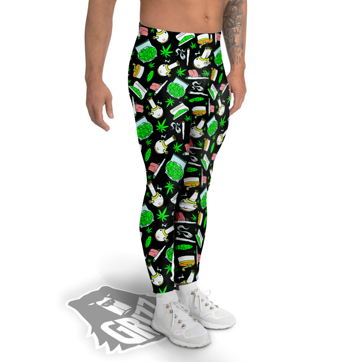 Smoke Weed Green Neon Print Pattern Men's Leggings-grizzshop