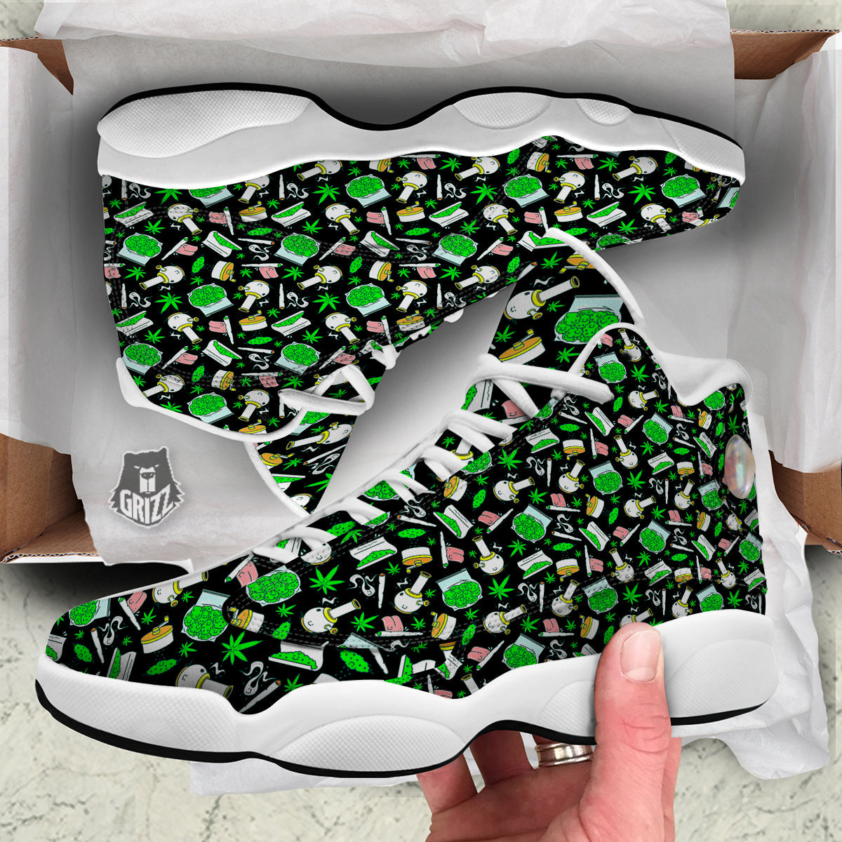 Smoke Weed Green Neon Print Pattern White Basketball Shoes-grizzshop