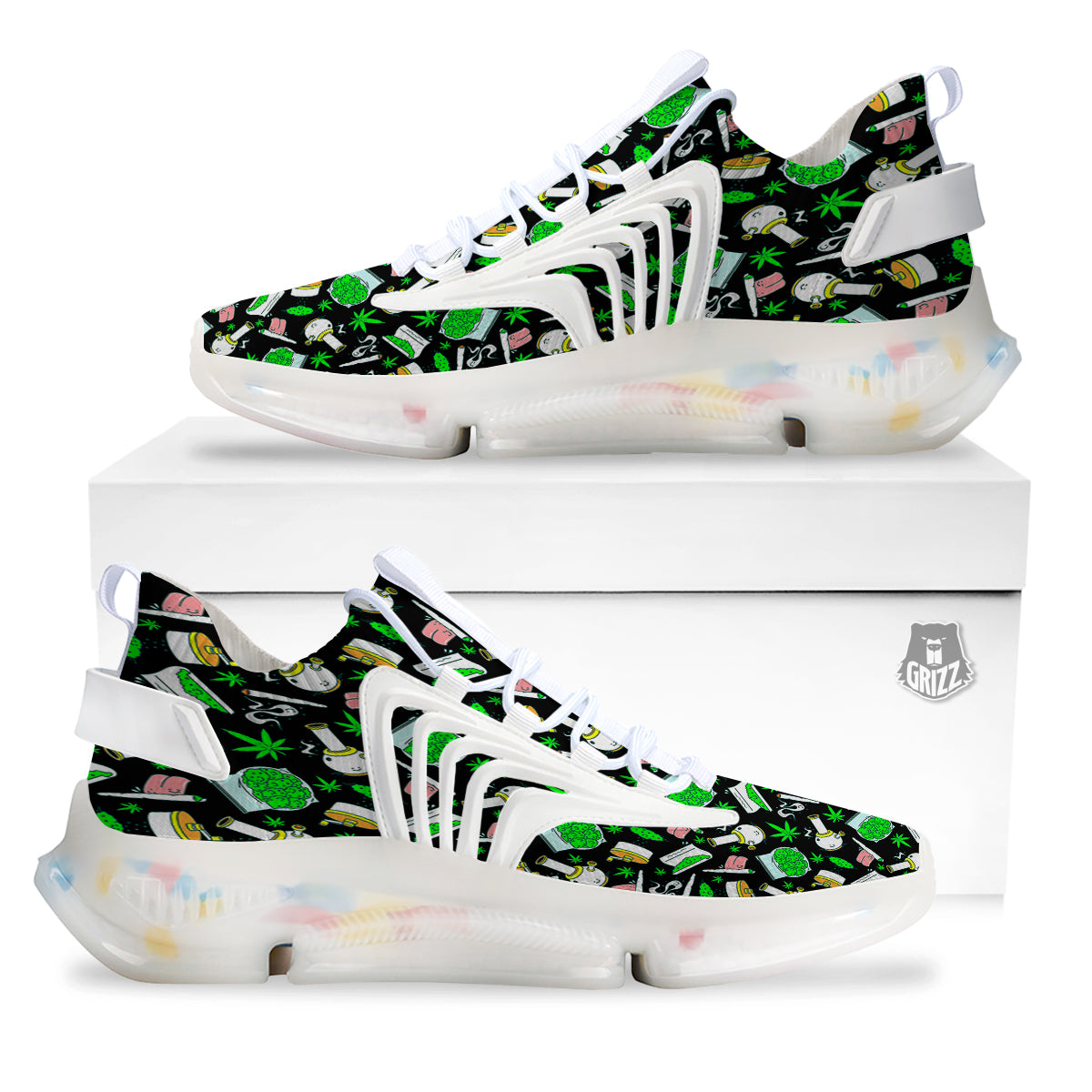 Smoke Weed Green Neon Print Pattern White Gym Shoes-grizzshop