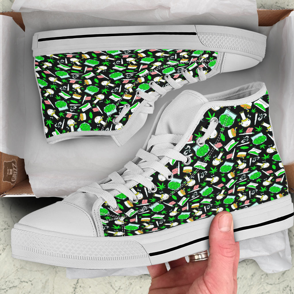 Smoke Weed Green Neon Print Pattern White High Top Shoes-grizzshop