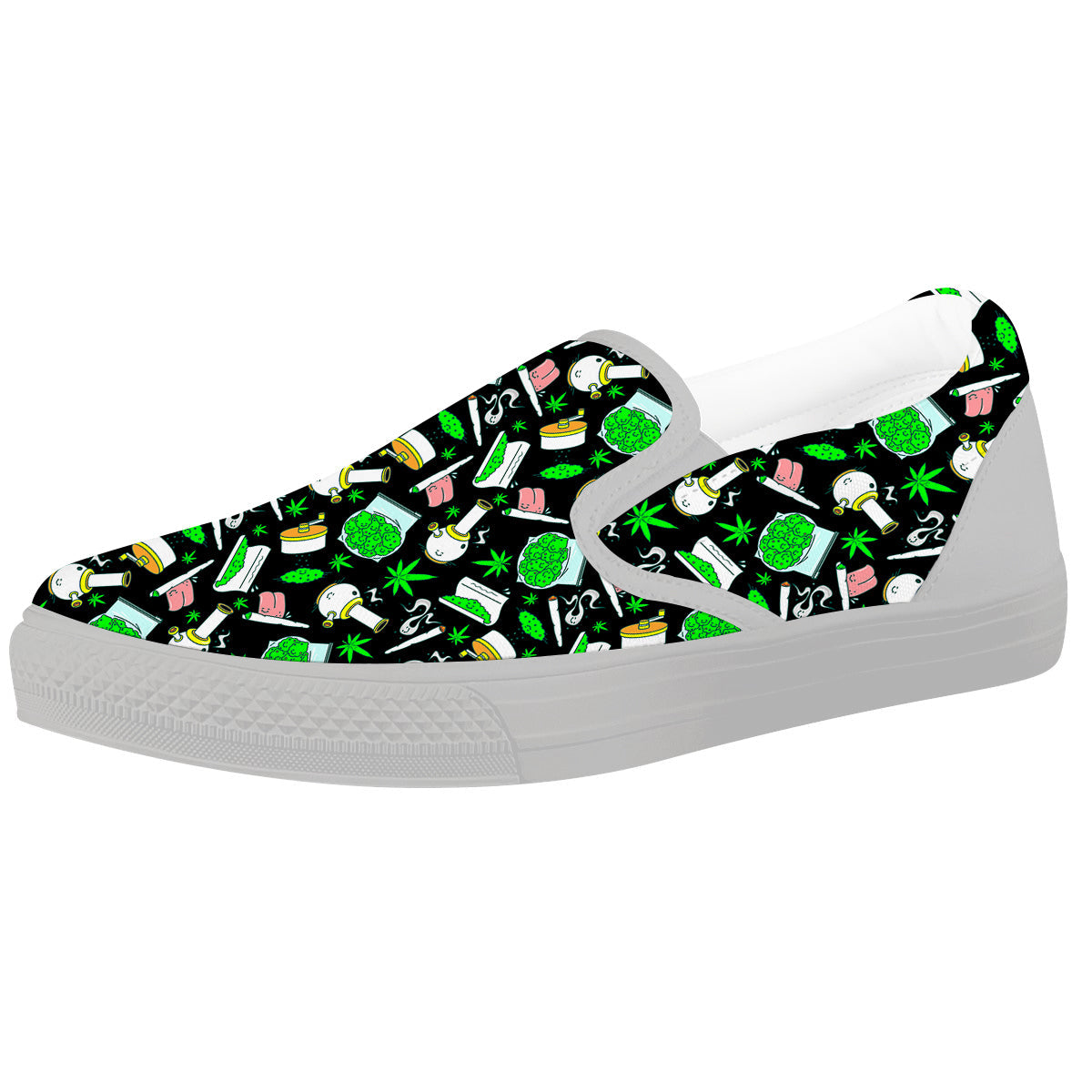 Smoke Weed Green Neon Print Pattern White Slip On Shoes-grizzshop