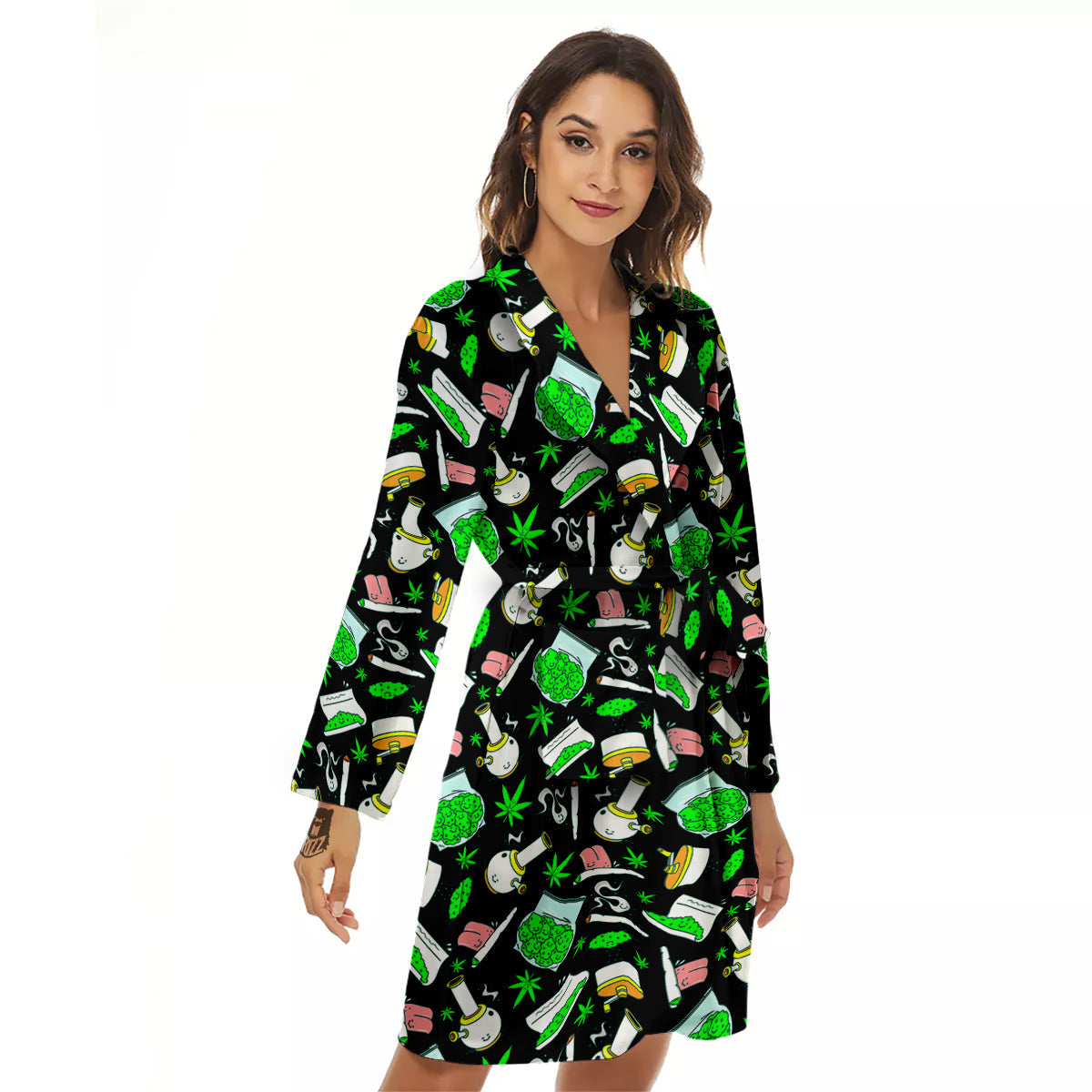 Smoke Weed Green Neon Print Pattern Women's Robe-grizzshop