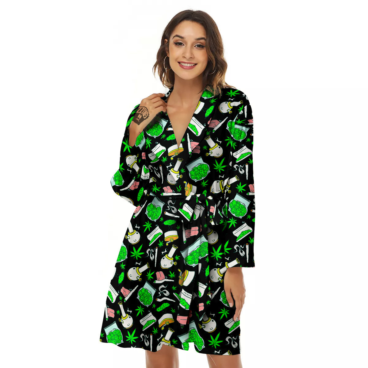 Smoke Weed Green Neon Print Pattern Women's Robe-grizzshop