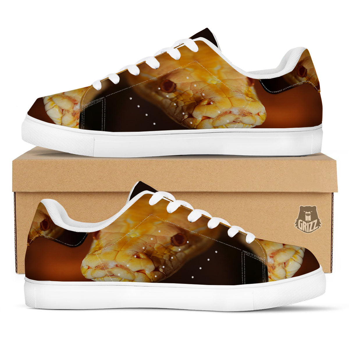 Snake Albino Print White Low Top Sneakers-grizzshop