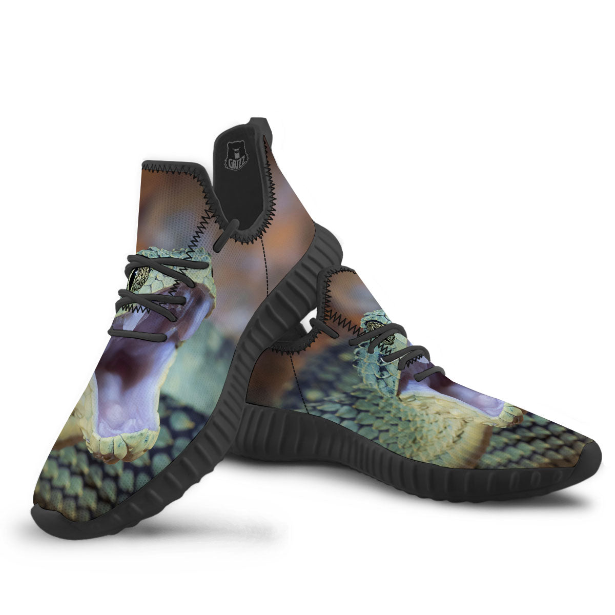 Snake Atheris Nitschei Print Black Walking Shoes-grizzshop