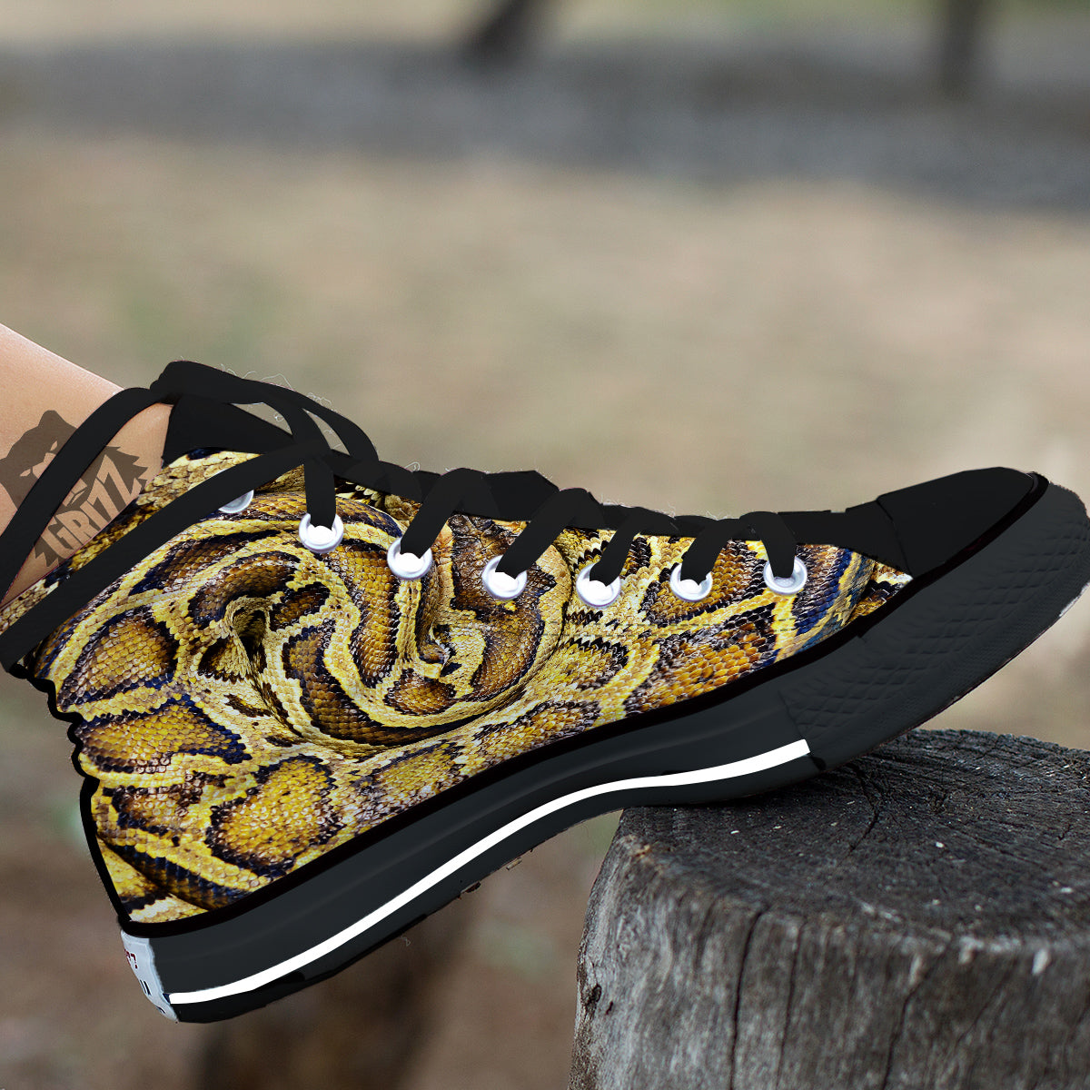 Snake Burmese Python Print Black High Top Shoes-grizzshop