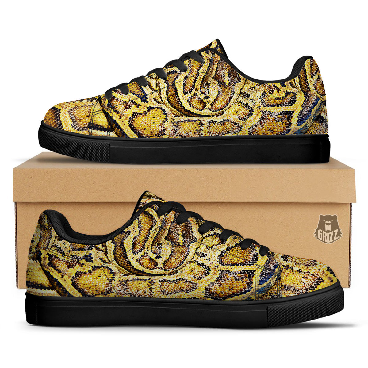 Snake Burmese Python Print Black Low Top Sneakers-grizzshop