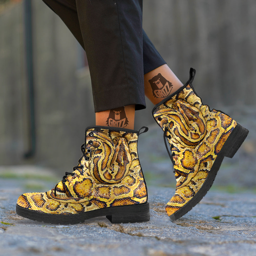 Snake Burmese Python Print Leather Boots-grizzshop