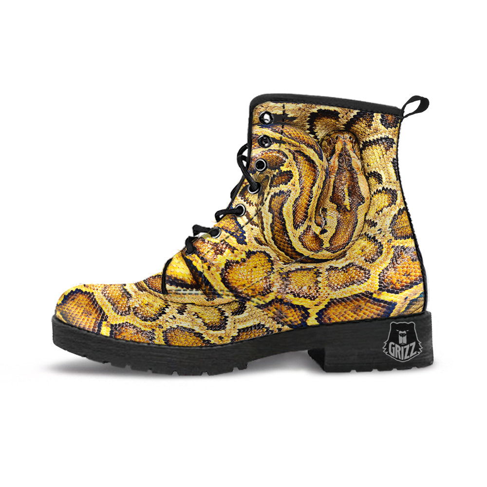 Snake Burmese Python Print Leather Boots-grizzshop