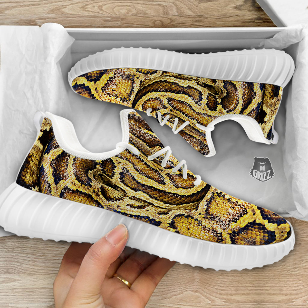 Snake Burmese Python Print White Walking Shoes-grizzshop
