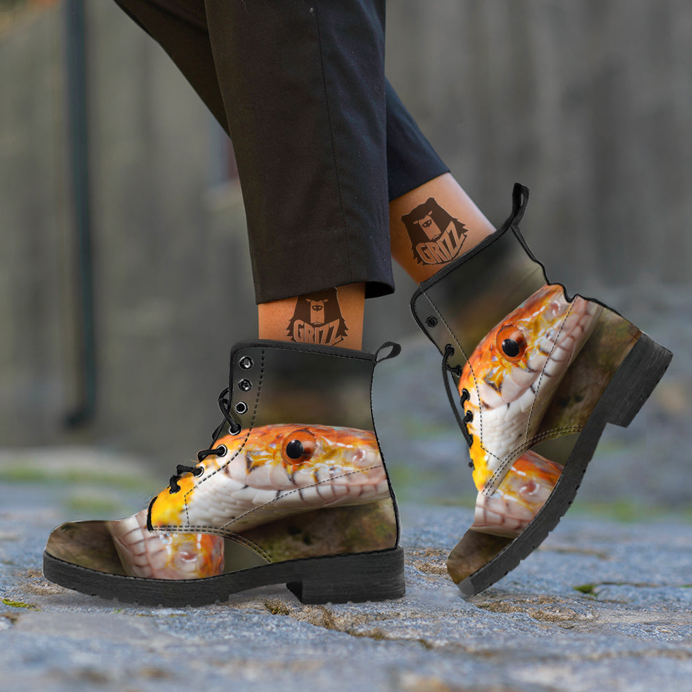 Snake Corn Print Leather Boots-grizzshop